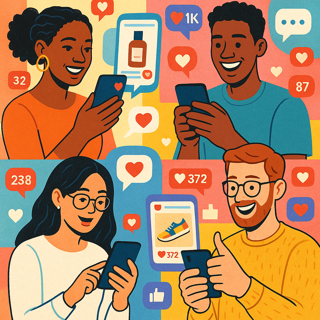 A vibrant collage showing diverse consumers intera